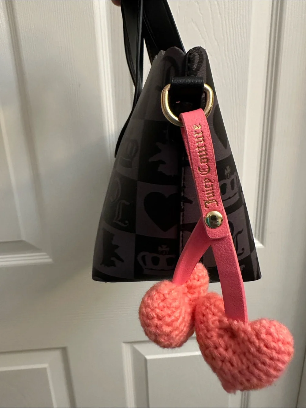 Juicy Couture Black and Charcoal Checker Satchel with Pink Heart Charm